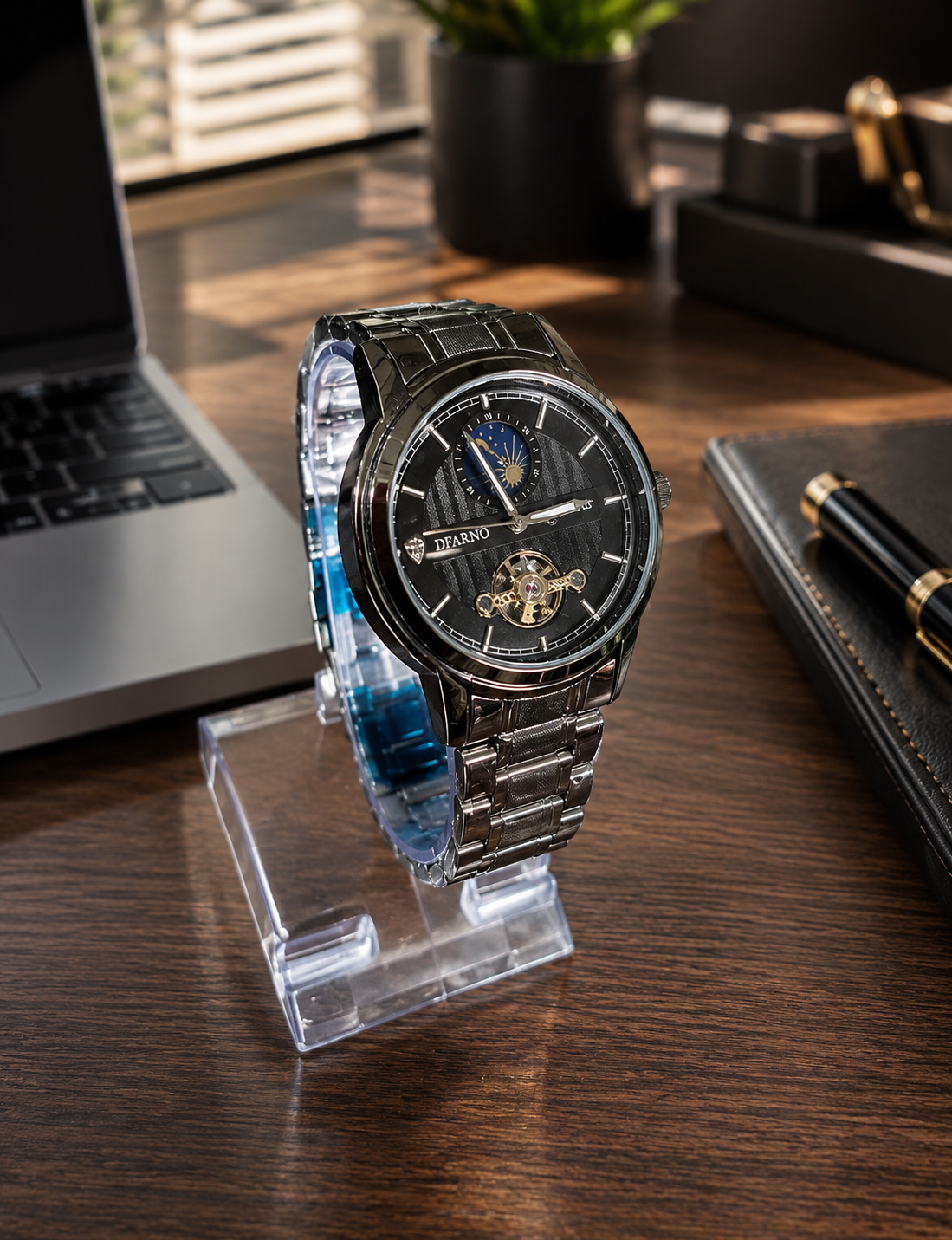 Men's Watches Leisure Automatic Mechanical Watch silver chain Black dail Business Hollow Waterproof Watch