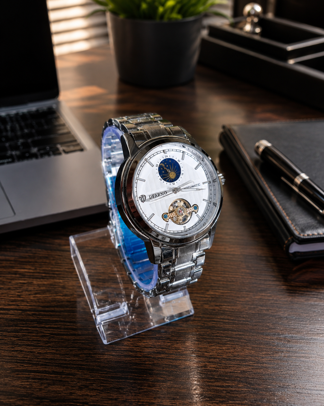 Men's Watches Leisure Automatic Mechanical Watch Silver Chain White Dail Business Hollow Waterproof Watch