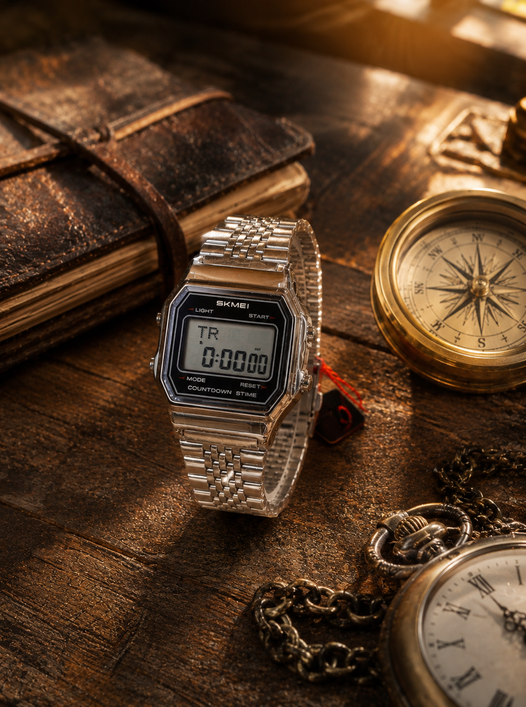 SKMEI 2465 RETRO DIGITAL STAINLESS STEEL WATCH - SILVER/SEVENBEAD