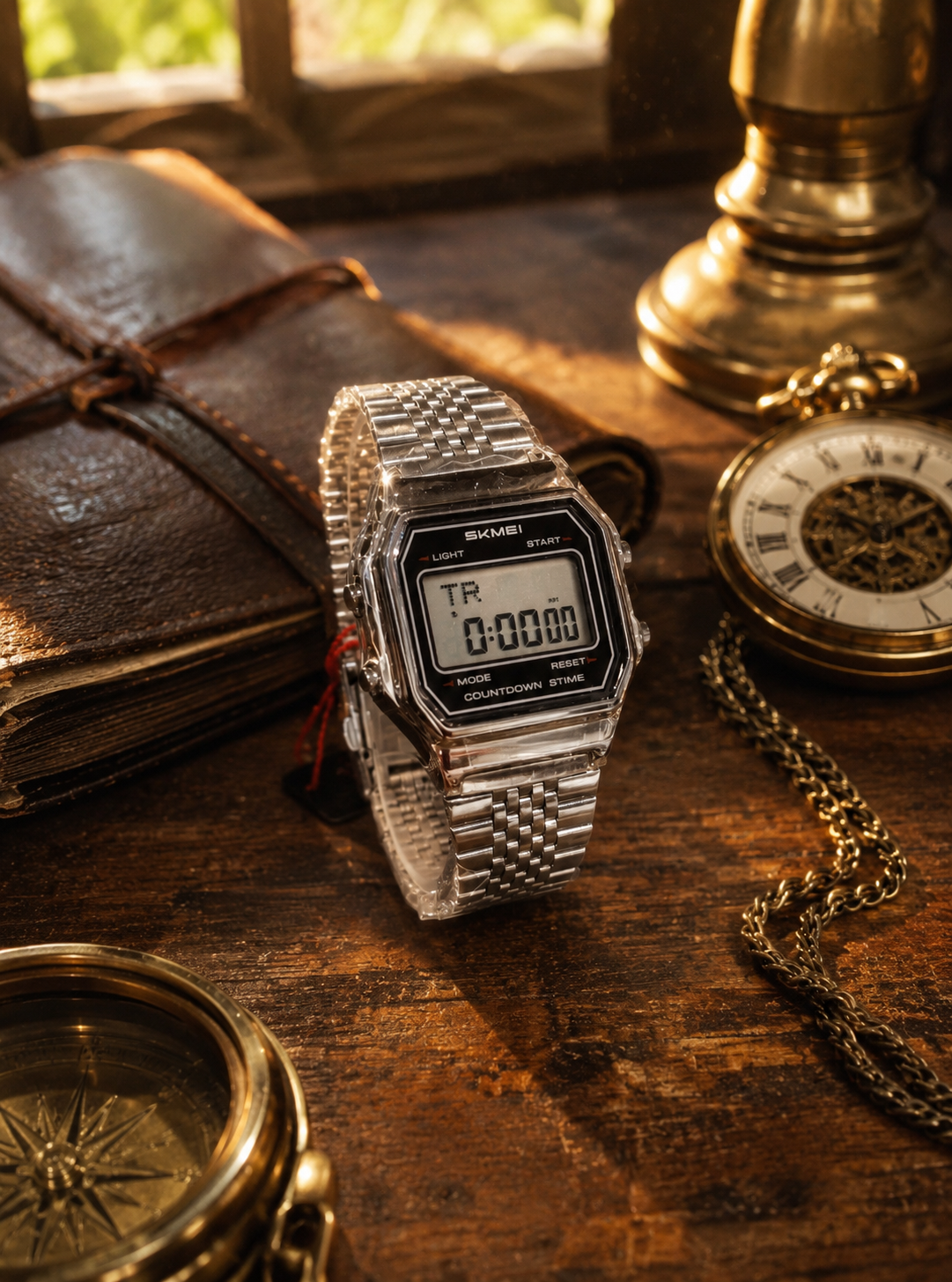 SKMEI 2465 RETRO DIGITAL STAINLESS STEEL WATCH - SILVER/SEVENBEAD